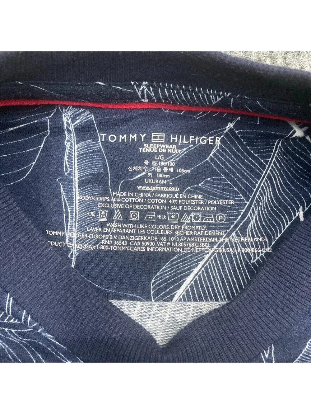 Tommy Hilfiger Sleepwear Mens L Blue White Feather AOP Sweatshirt Long Sleeve